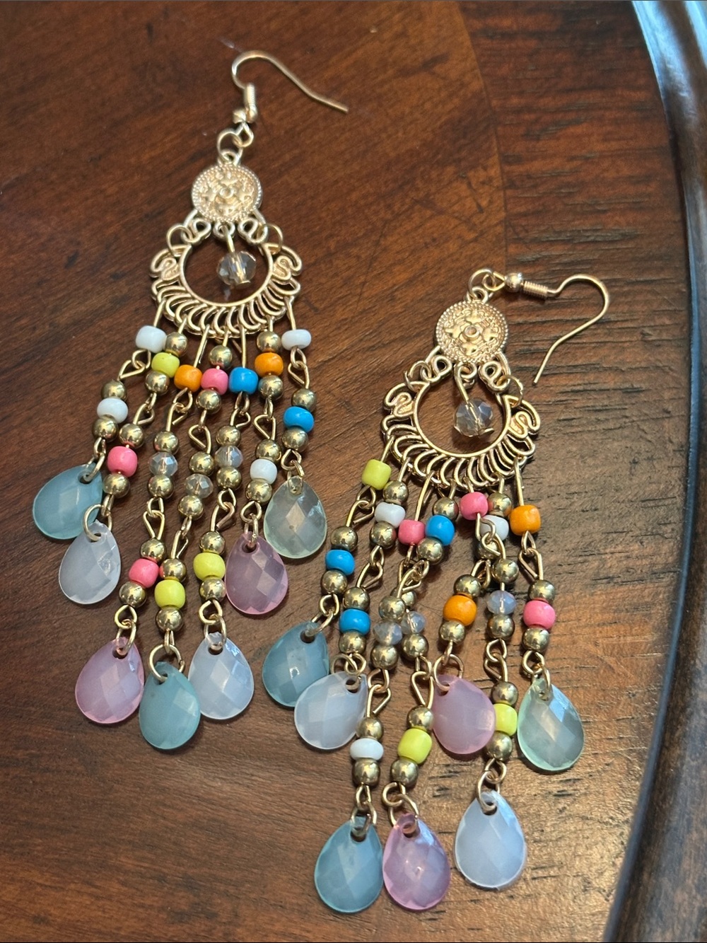 Fashion Jewelry Gold-Tone Multicolor Beaded Chandelier Earrings - Picture 3 of 6